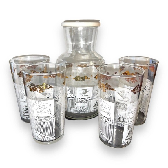 Anchor Hocking Juice Carafe & 4 Glasses Colonial Americana Patriotic Eagle MCM - Picture 1 of 9